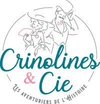 Logo avec le nom de l'association Crinolines & Cie représentant une femme dessinée en costume du 18ème siècle et un homme en costume du 19ème siècle, accompagné du slogan les aventuriers de l'histoire